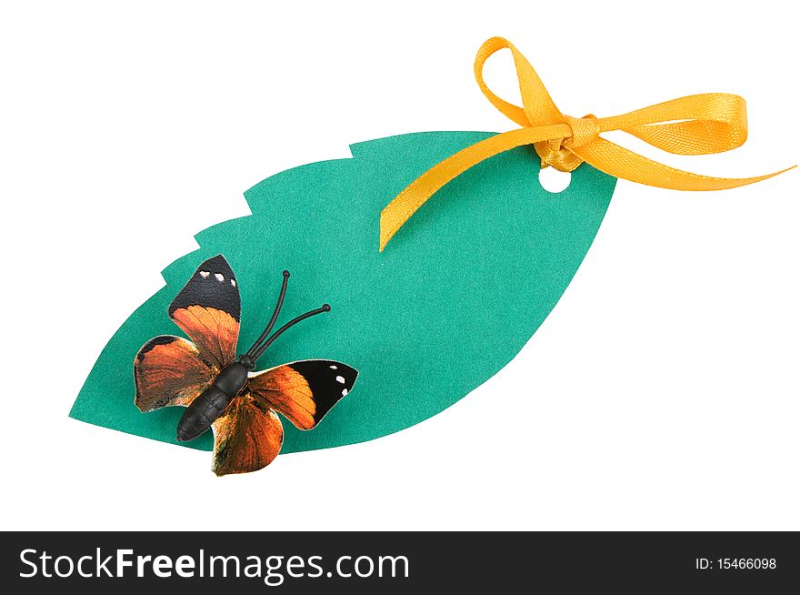 Tag green color with a butterfly isolated on white background