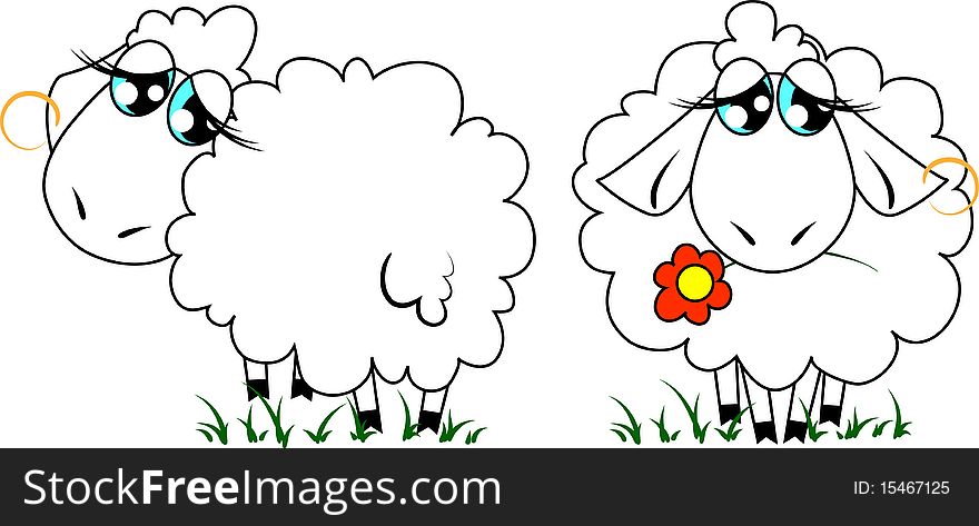 Vector illustration of two sweet sheep with big blue eyes. Each sheep grouped independently. Vector illustration of two sweet sheep with big blue eyes. Each sheep grouped independently.