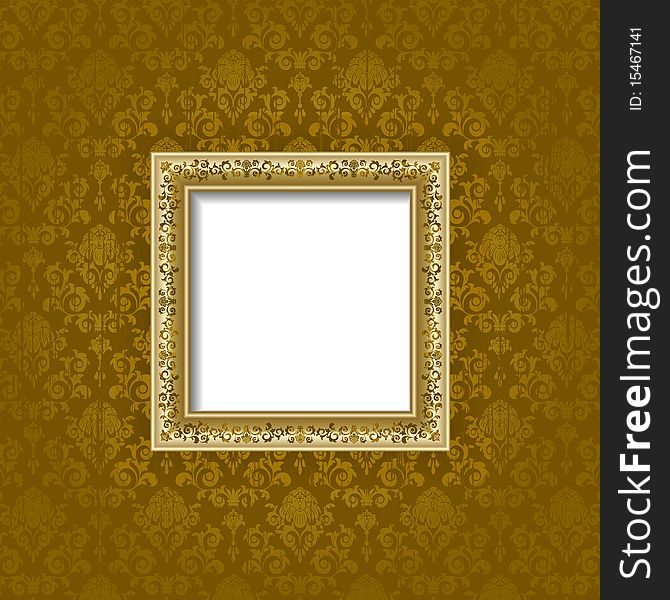 Gold frame on the  wall with brown wallpaper