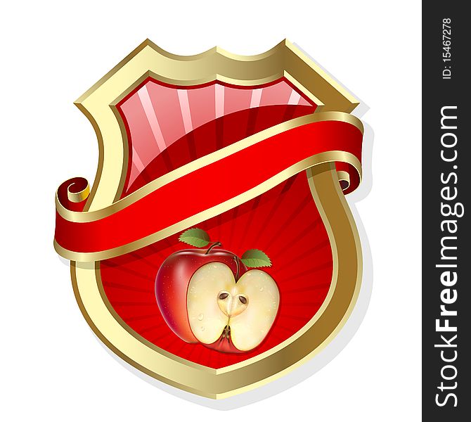 Gold-framed label with apple and red ribbon. Gold-framed label with apple and red ribbon