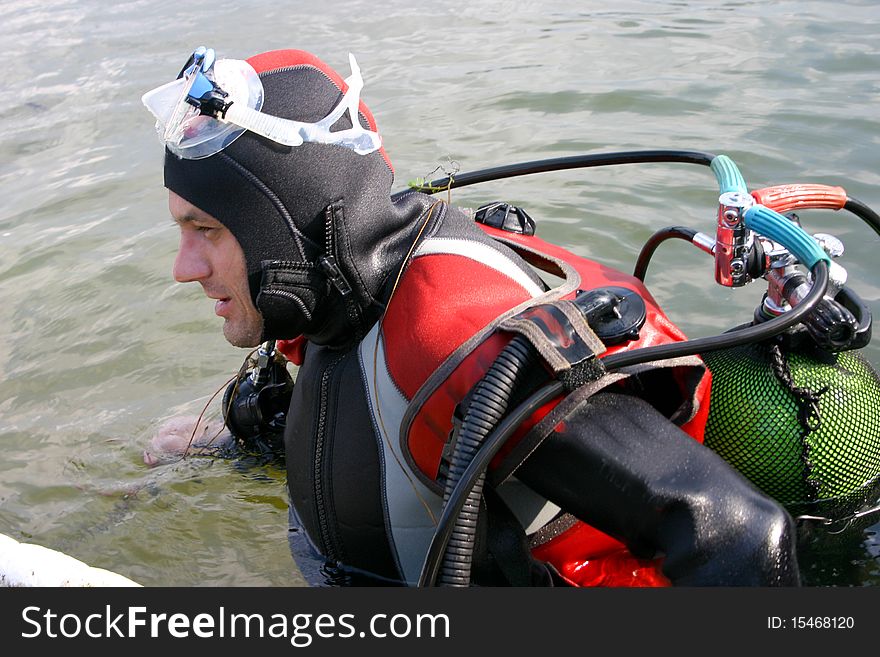 Diver preparation for diving, Sumarice lake Kragujevac, Serbia