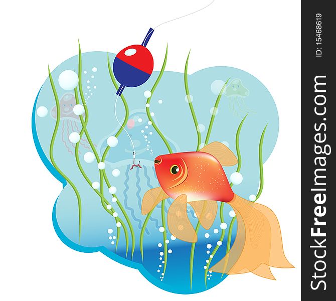 Illustration, goldfish in water beside hook with bait