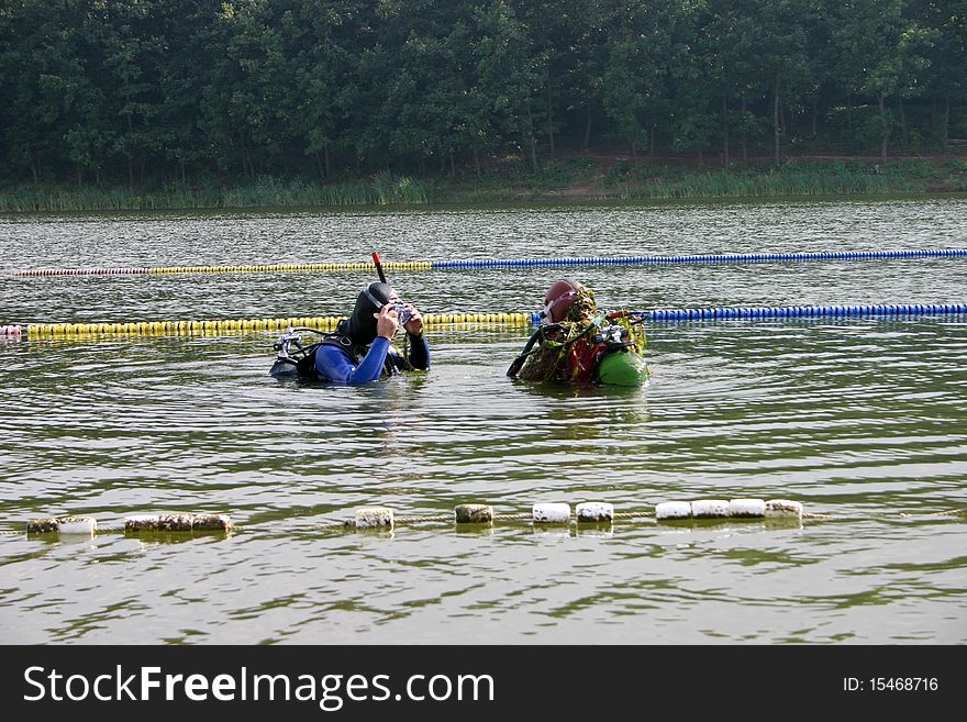 Diver preparation for diving, Sumarice lake Kragujevac, Serbia