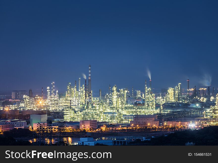 Night scene of petrochemical plant, industrial landscape