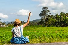 Free Tropical Portrait Of Young Happy Woman With Straw Hat On A Road With Coconut Palms And Tropical Trees. Bali Island. Stock Photos - 154685913