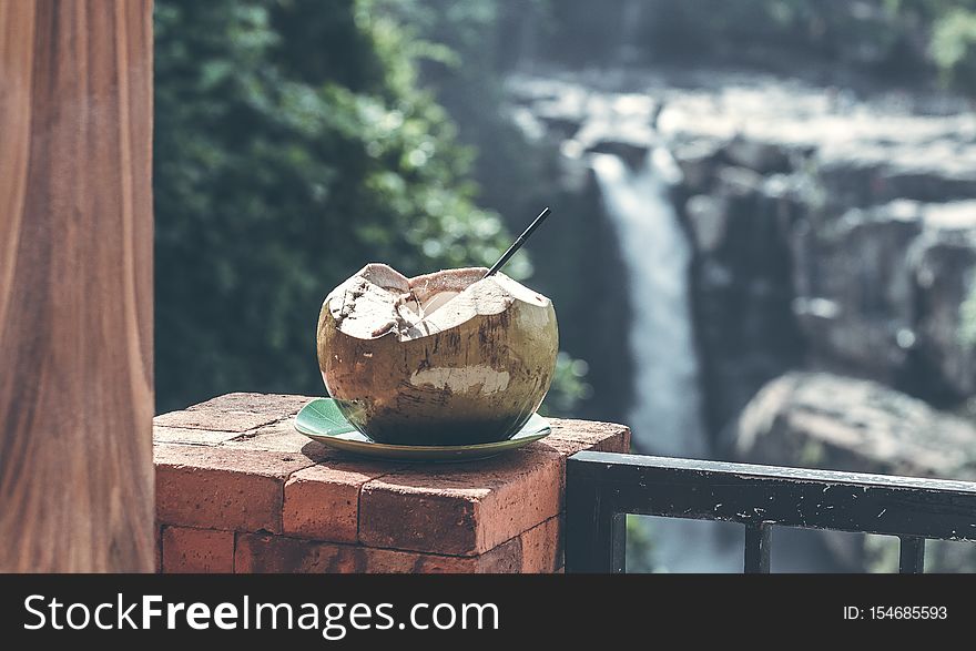 Young Fresh Organic Coconut On A Waterfall Background In The Jungle Of Bali Island.