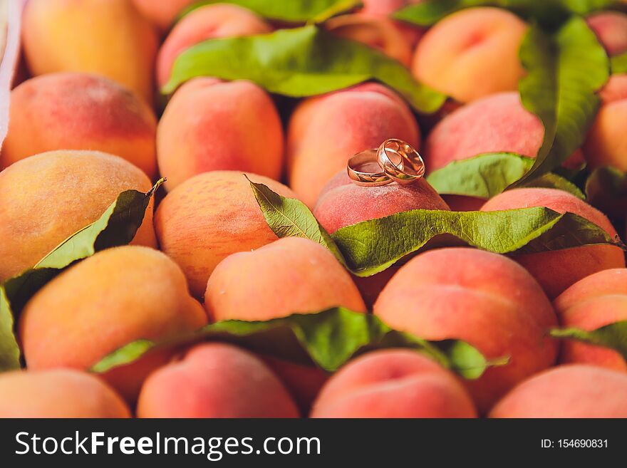 Wedding rings on the apricots. beautiful summer wedding.