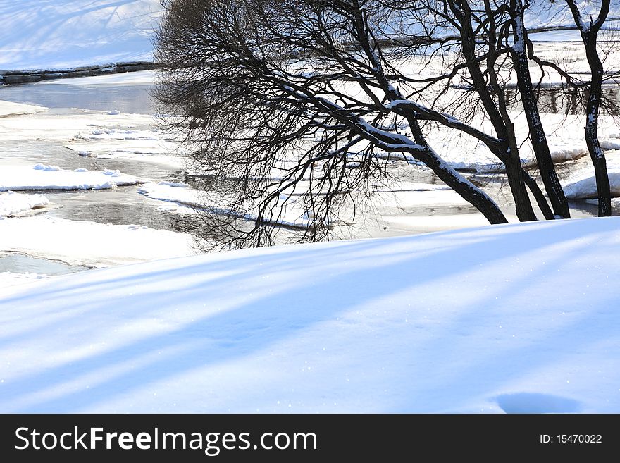 Ice drift in the early spring. View of river coast in park. Ice drift in the early spring. View of river coast in park