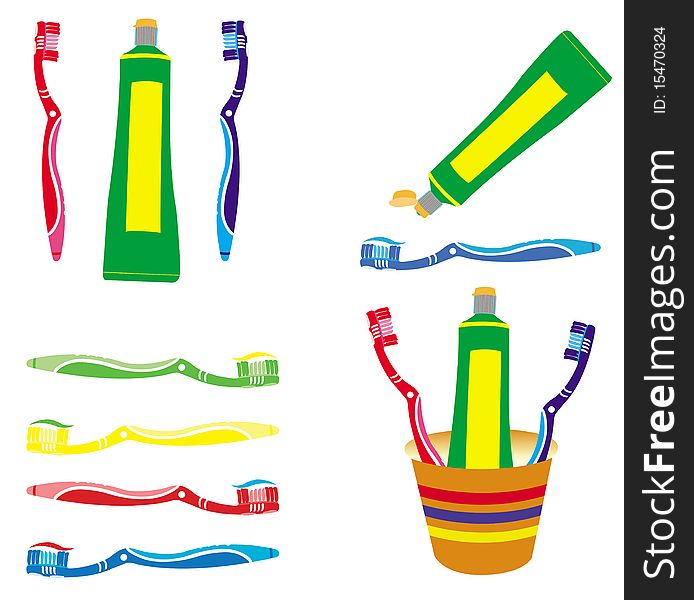 This image represents a set of four different illustrations representing some toothbrushes and toothpaste. This image represents a set of four different illustrations representing some toothbrushes and toothpaste