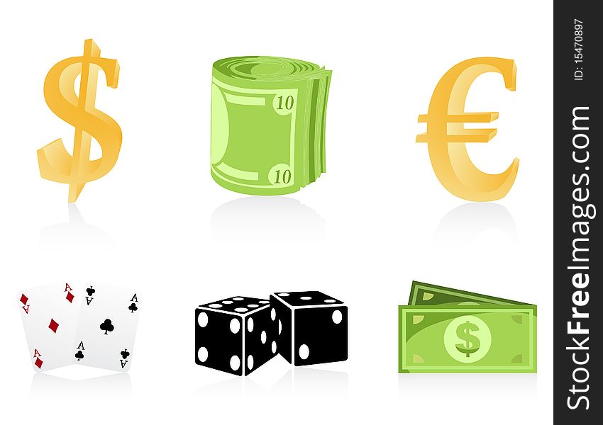 Icons of money and playing cards and cubes. A  illustration