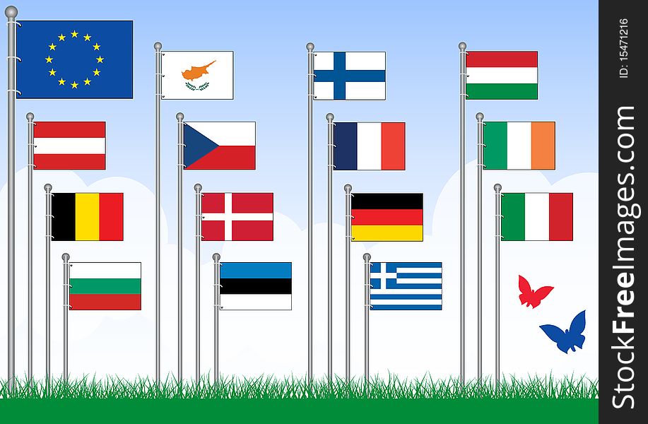 Vector set of 15 flags from the EU. All objects are grouped and tagged with the country name. This set belongs to set B with remaining EU flags. Vector set of 15 flags from the EU. All objects are grouped and tagged with the country name. This set belongs to set B with remaining EU flags.