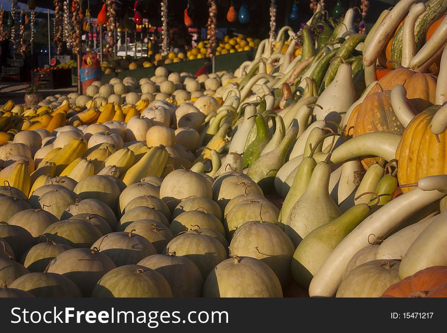 Colourful pumpkins in a market. Colourful pumpkins in a market
