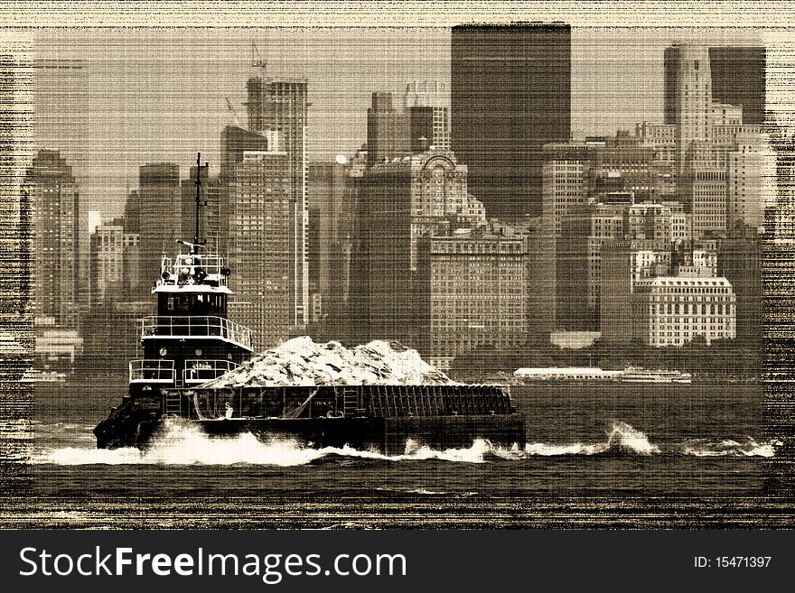 New York City barge hauls trash along the Hudson River. New York City barge hauls trash along the Hudson River
