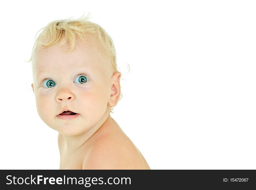 Tow-haired one year baby on white background. Tow-haired one year baby on white background
