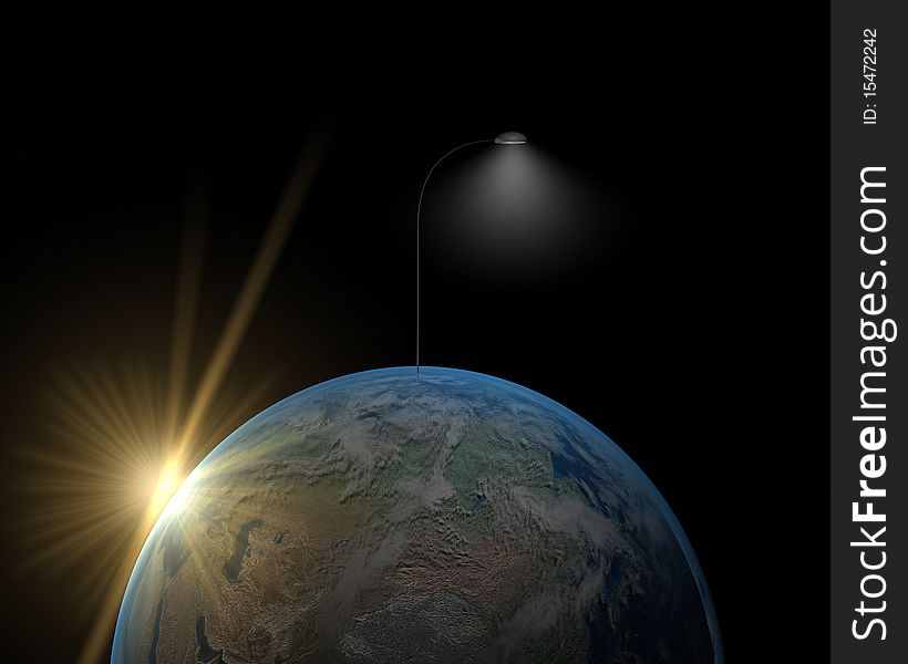 Earth and lamp from Earth which light surface and flare from sun. Earth and lamp from Earth which light surface and flare from sun