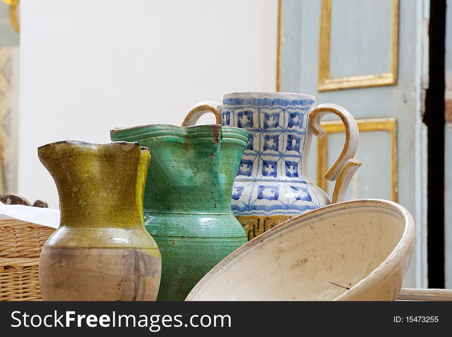 Ceramic jugs on the table