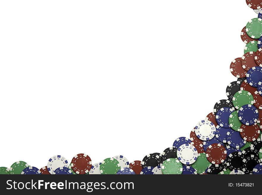 A border on two sides of a jumbled mixture of multi coloured gambling chips. Isolated on white with an accurate clipping path. A border on two sides of a jumbled mixture of multi coloured gambling chips. Isolated on white with an accurate clipping path.