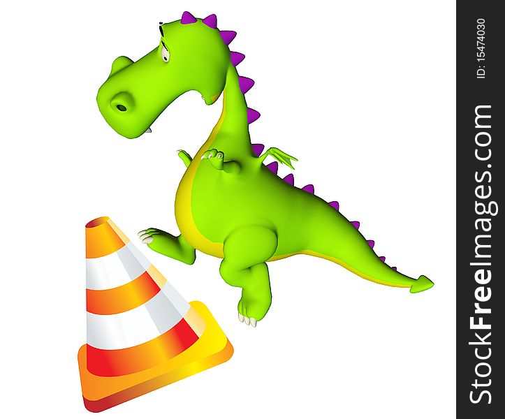 The dino (dragon baby) is jumping the  cone. The dino (dragon baby) is jumping the  cone