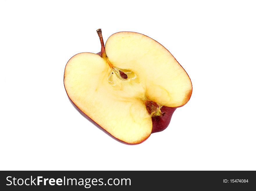 Close up of half red apple isolated on white background.