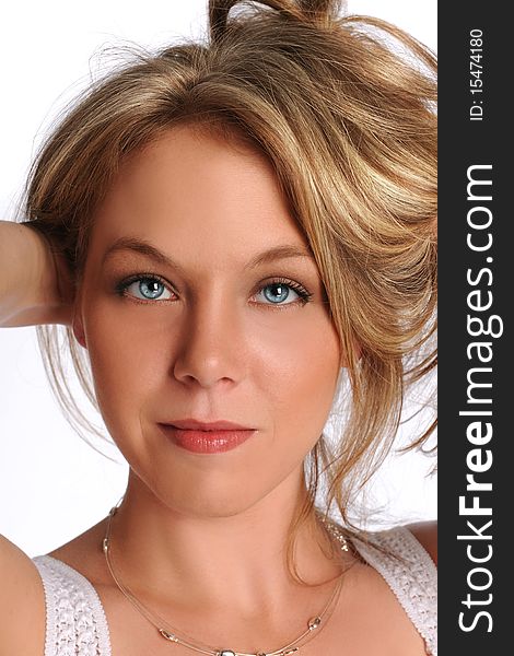 Portrait of young beautiful woman on a white background. Portrait of young beautiful woman on a white background