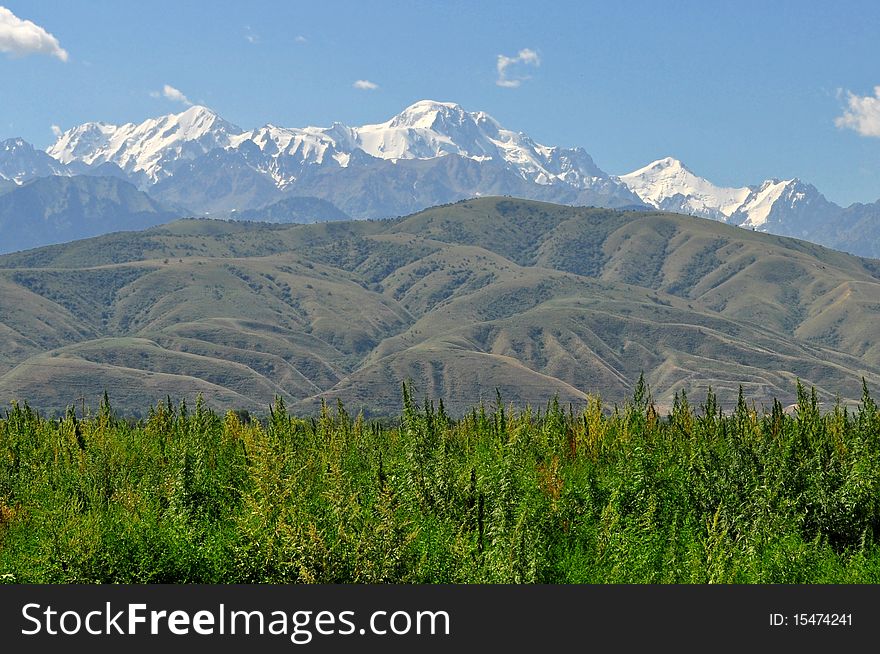 Scenic view of snow capped Talgar peak in Trans-Ili Alatua range of Tian Shan mountains, Kazakhstan.