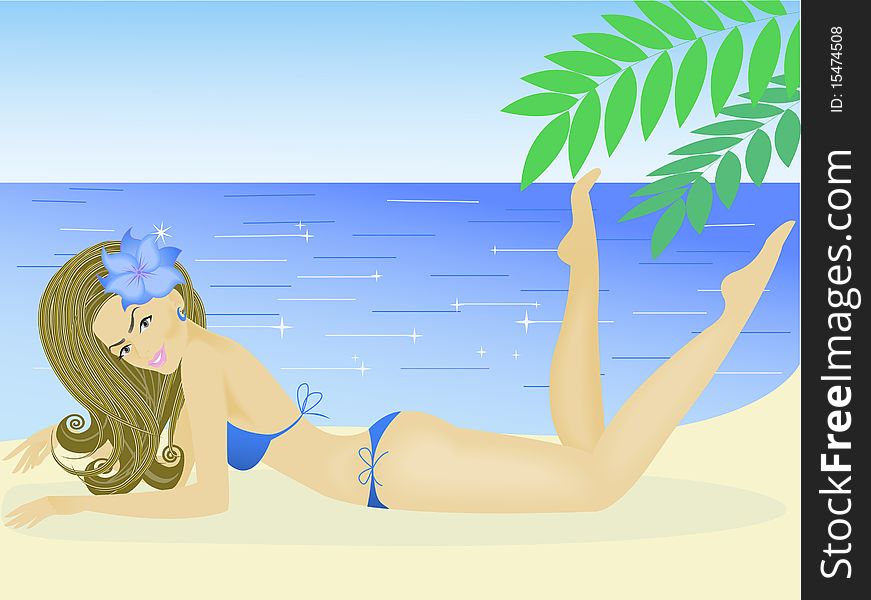 Beautiful girl in a blue bikini on sea beach. Beautiful girl in a blue bikini on sea beach