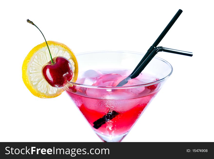 Red drink in martini glass, garnished with marachino cherry. Isolated on white background. Red drink in martini glass, garnished with marachino cherry. Isolated on white background.