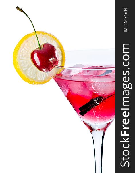 Red drink in martini glass, garnished with marachino cherry. Isolated on white background. Red drink in martini glass, garnished with marachino cherry. Isolated on white background.