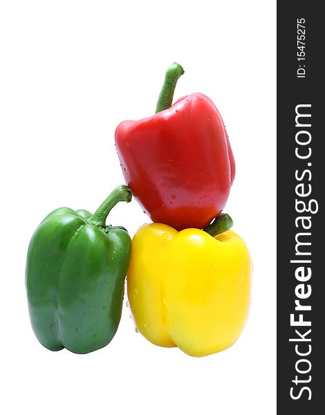 Close up of red, yellow and green pepper isolated on white background. Close up of red, yellow and green pepper isolated on white background.