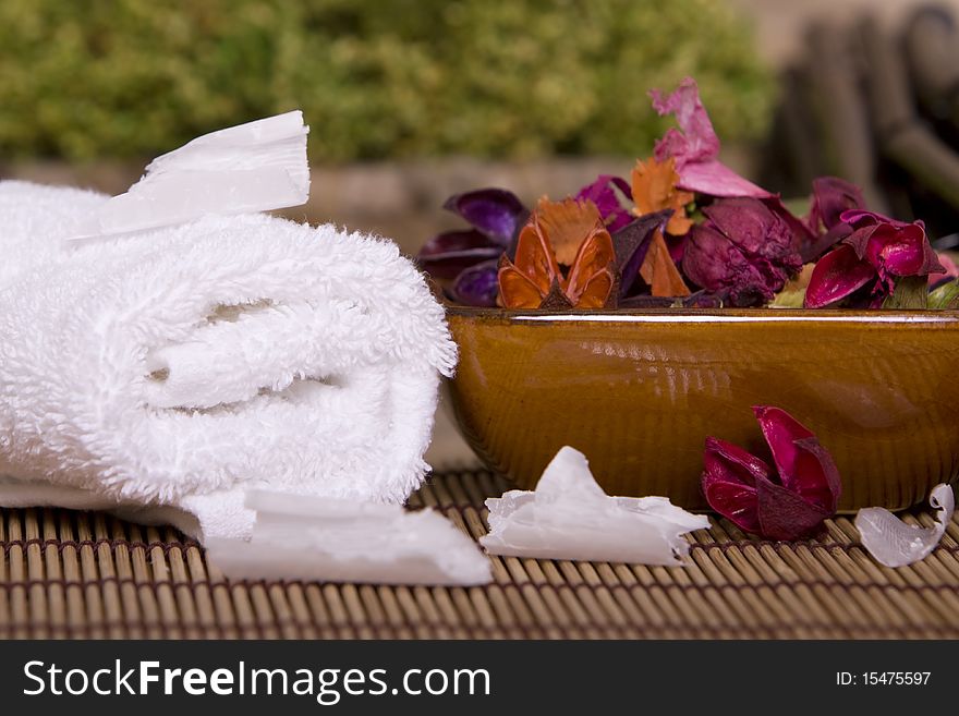 Spa items on bamboo mat