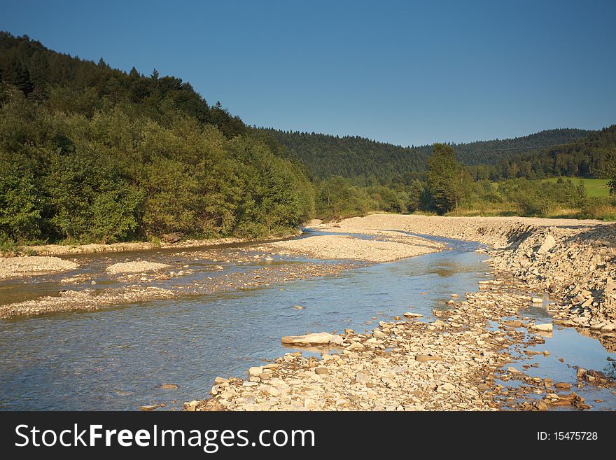 Polish mountain in summer with road and river. Polish mountain in summer with road and river