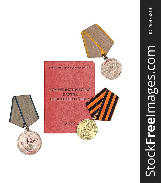 Soviet communist membership card and medals