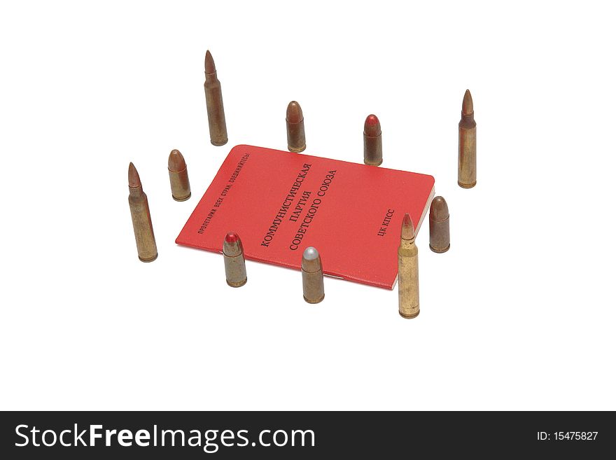 Soviet communist card surrounded by cartridges