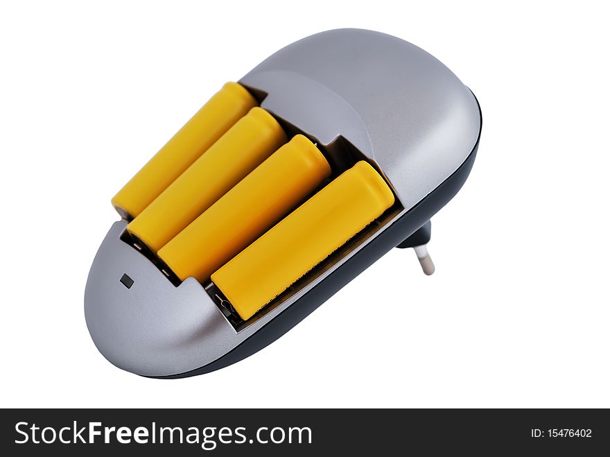 Charger with Batteries yellow on a white background. Charger with Batteries yellow on a white background