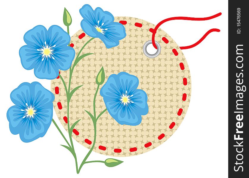 Flax flower with label. Vector illustration.