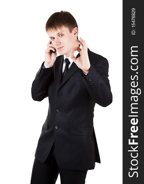 Young business man make OK with phone on white background