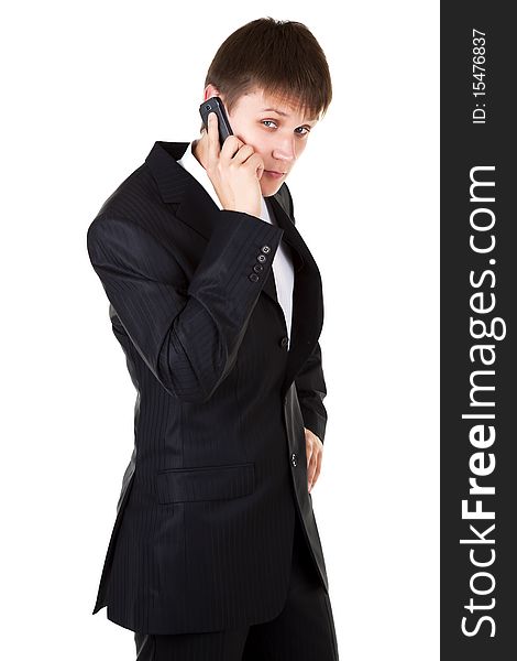 Young business man talking mobile phone on white background