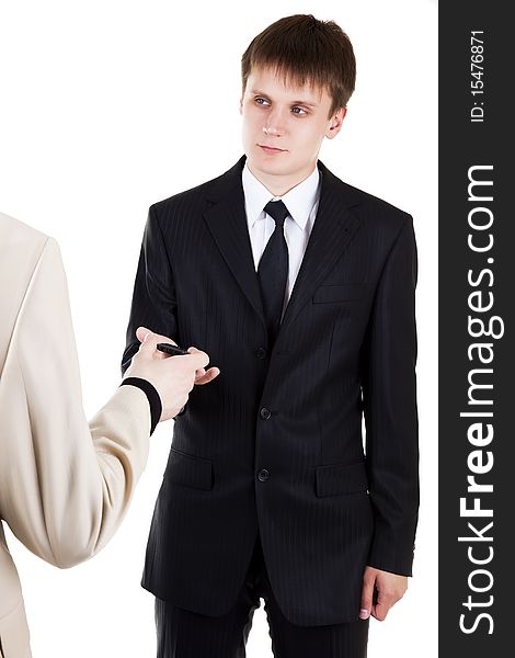 Young business man take mobile phone on white background