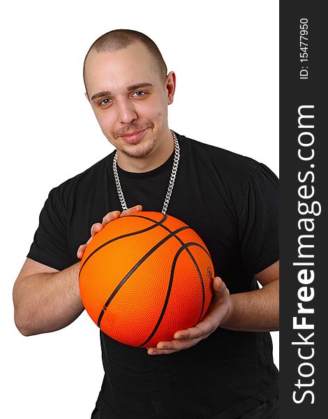 Young athletic man with basketball on white background. Young athletic man with basketball on white background