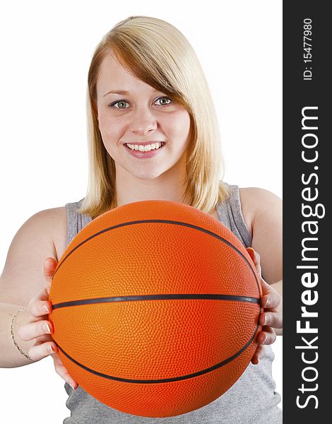 Young woman wiith basketball- isolated on white
