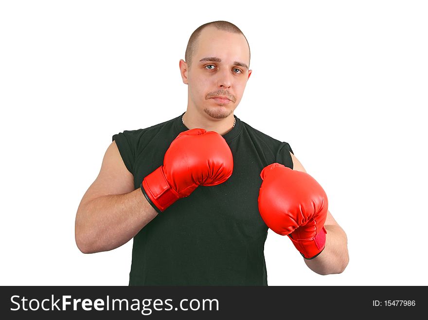 Young caucasian man with red box gloves on white background. Young caucasian man with red box gloves on white background