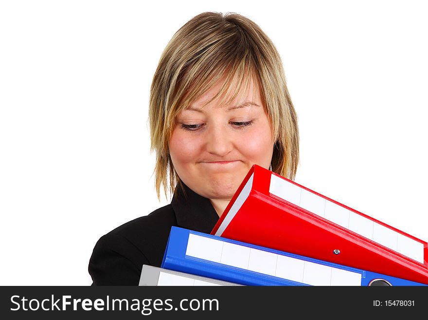Young woman holding folders on white background