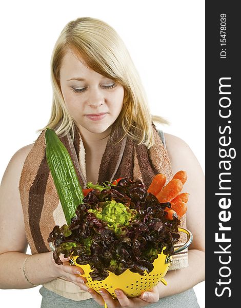 Young woman presenting fresh vegetables - isolated on white. Young woman presenting fresh vegetables - isolated on white