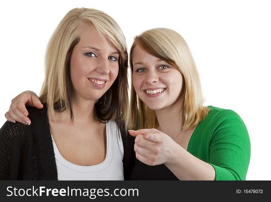 Blond  haired girls gossip isolated over white background