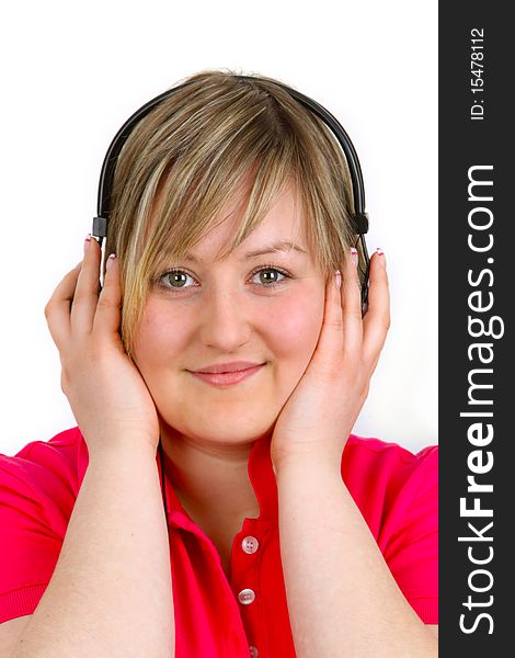 Young woman with headset on white background. Shot in studio. Young woman with headset on white background. Shot in studio.
