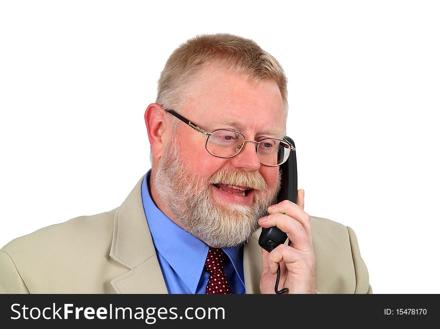 Businessman calling on aphone, white background. Shot in studio.