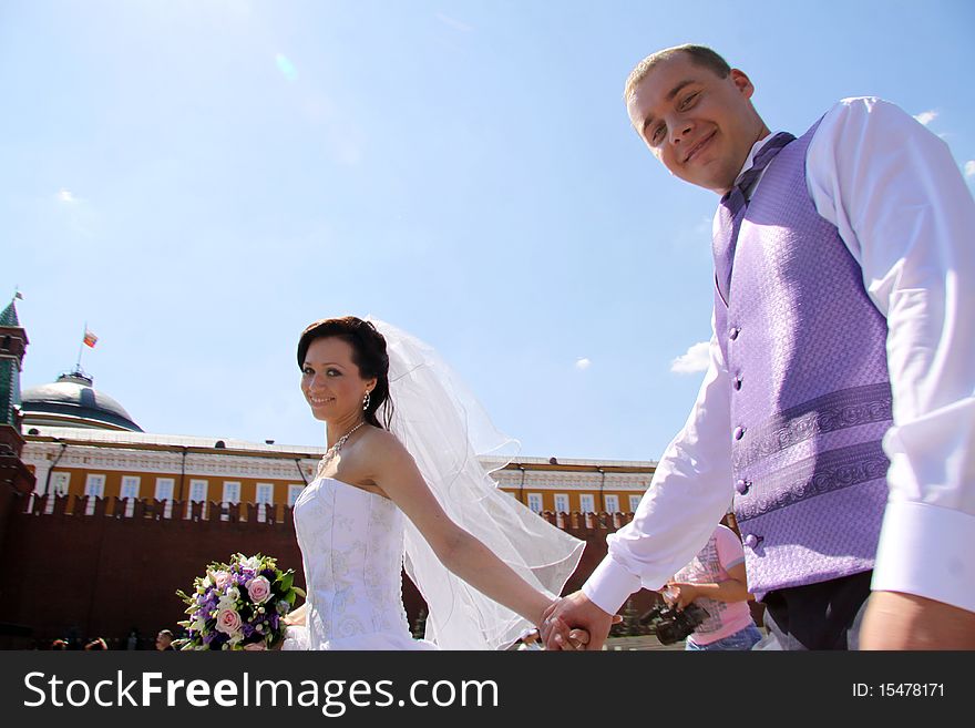 Bride and groom in moscow city