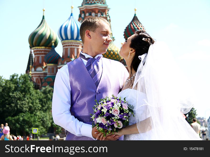 Bride and groom in moscow city