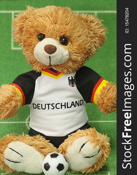 Teddy bear with football shirt on lawn background. Teddy bear with football shirt on lawn background