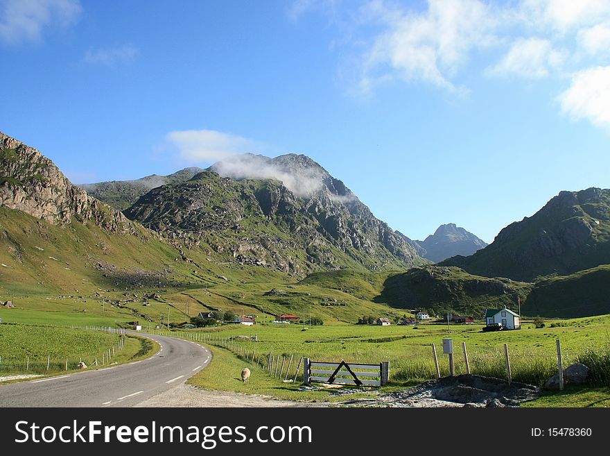 Road circumnavigating the bay of Haukland in Lofoten's achipelago  norwegian arctic circle. Road circumnavigating the bay of Haukland in Lofoten's achipelago  norwegian arctic circle